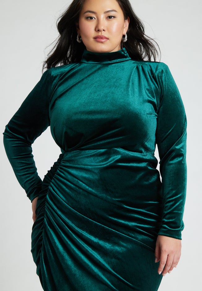 Mock Neck Velvet Dress With Slit image number 2