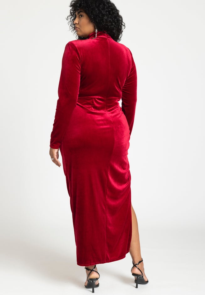 Mock Neck Velvet Dress With Slit image number 1