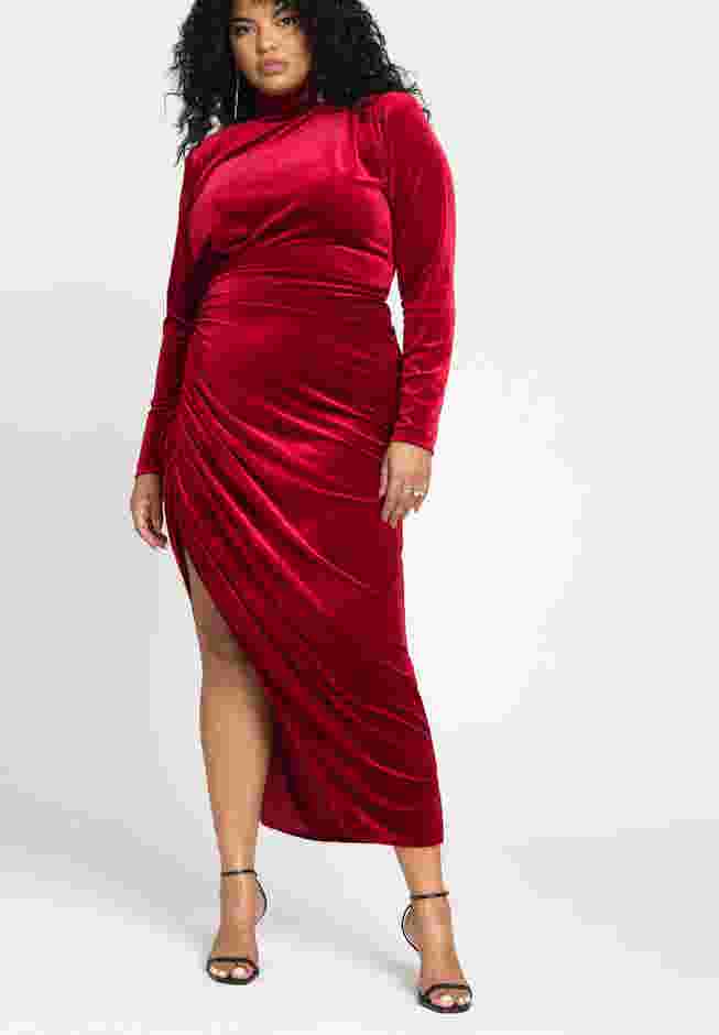 Mock Neck Velvet Dress With Slit image number 2