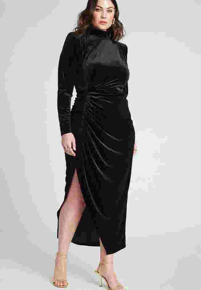 Mock Neck Velvet Dress With Slit image number 1