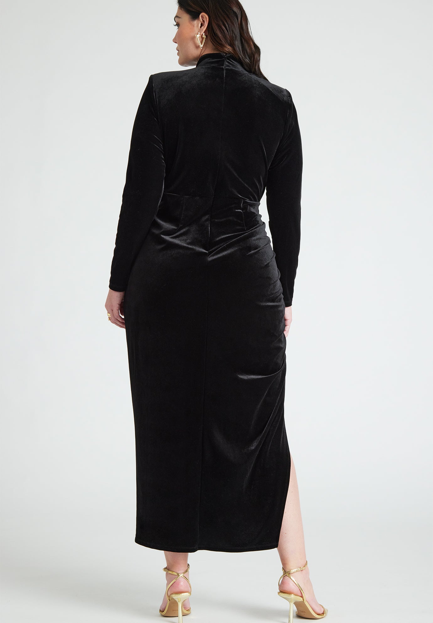 Mock Neck Velvet Dress With Slit image number 2