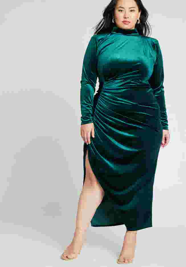Mock Neck Velvet Dress With Slit image number 0