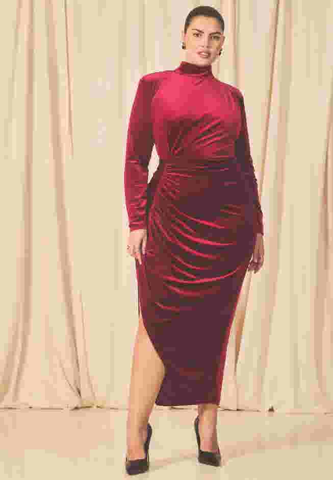 Mock Neck Velvet Dress With Slit image number 0