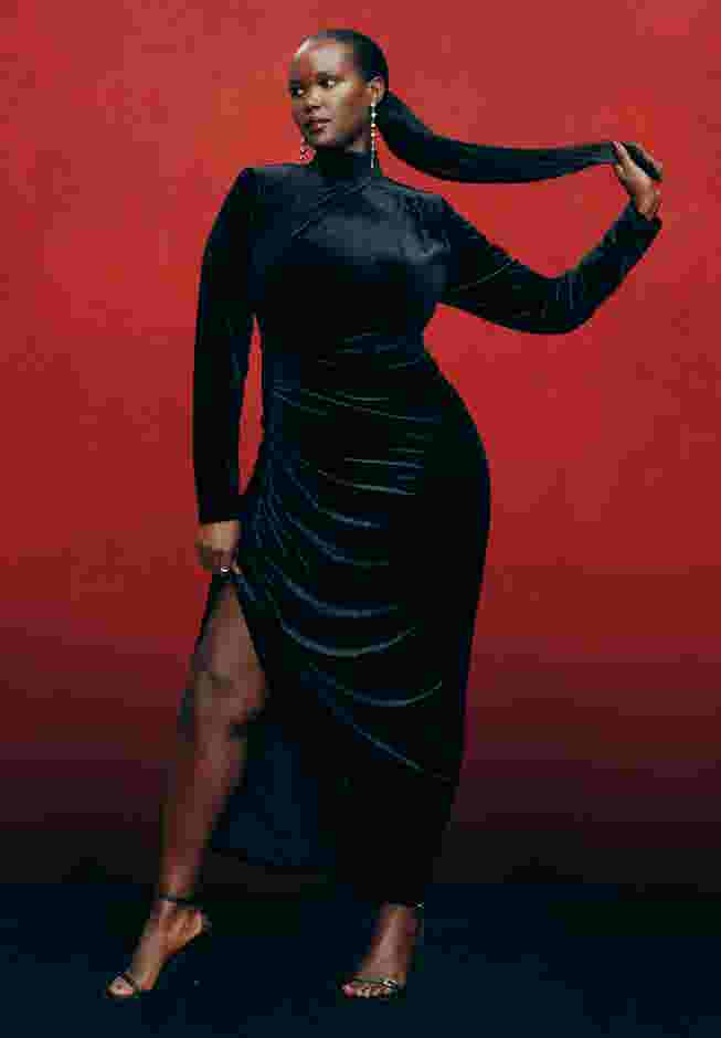 Mock Neck Velvet Dress With Slit image number 0