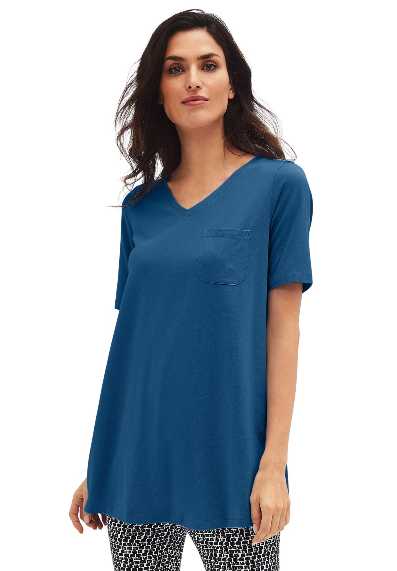 Stretch Knit V-neck Short Sleeve Chest Pocket Tunic image number 0