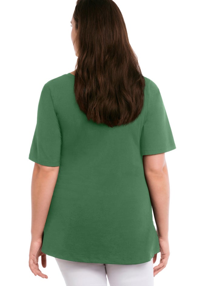 Stretch Knit V-neck Short Sleeve Chest Pocket Tunic image number 1