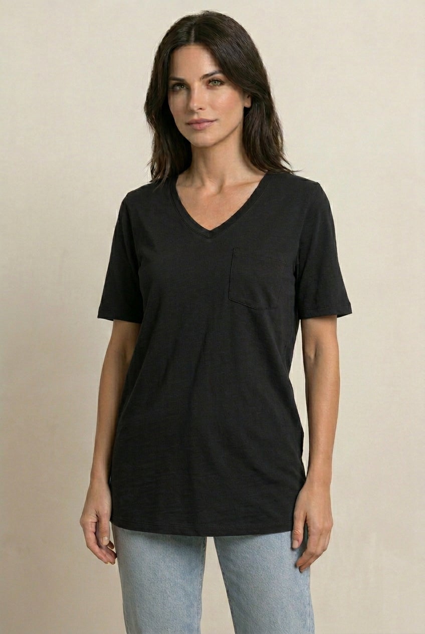 Stretch Knit V-neck Short Sleeve Chest Pocket Tunic image number 0