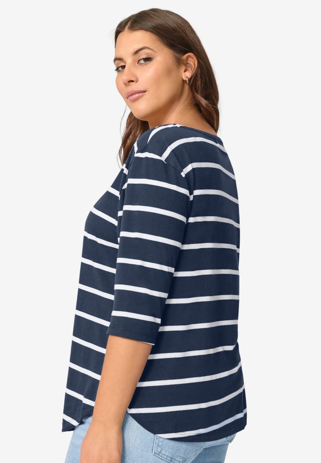 Striped Button Sleeve Tee image number 1