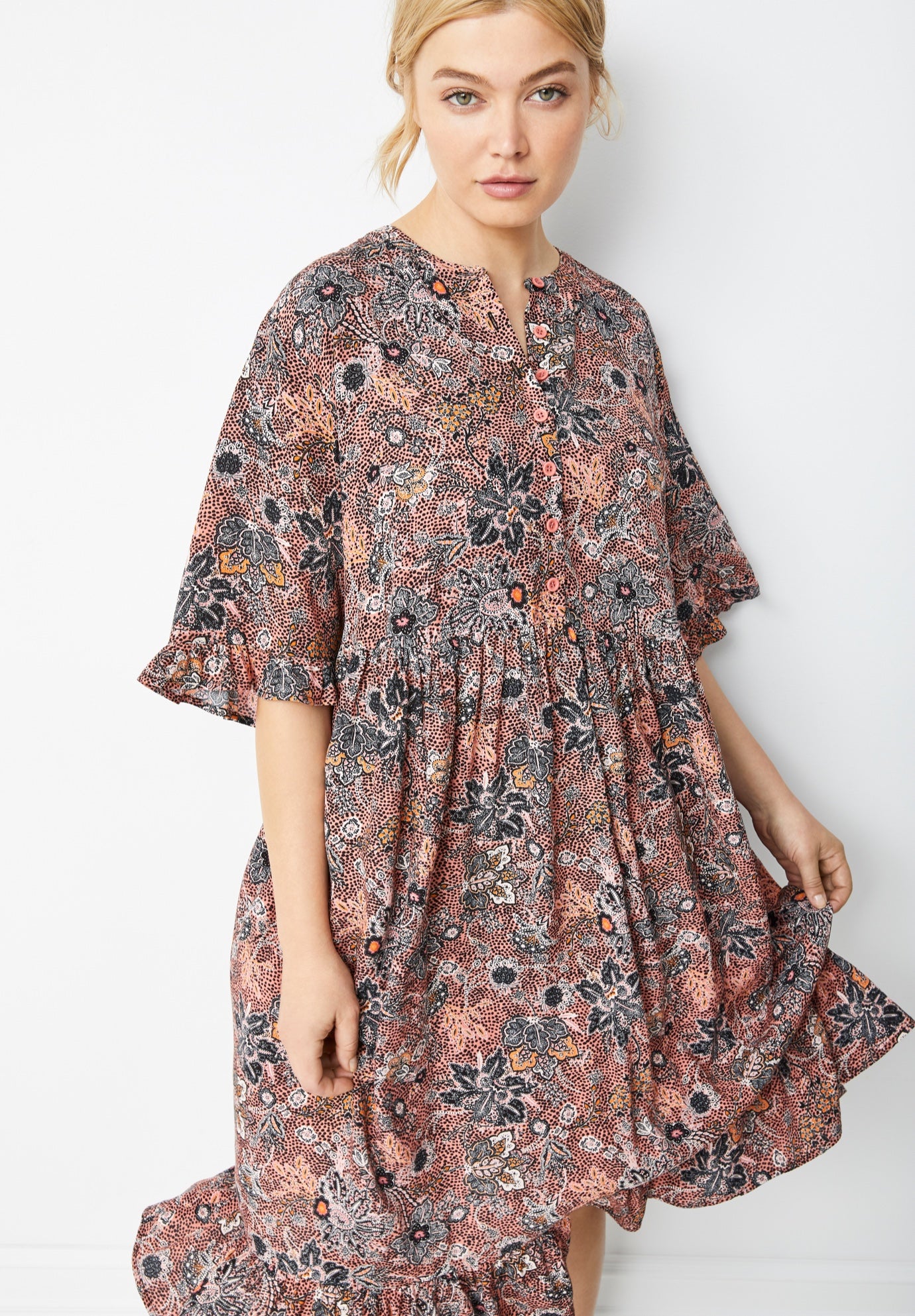Crepe Henley Ruffled Empire Midi Dress image number 2