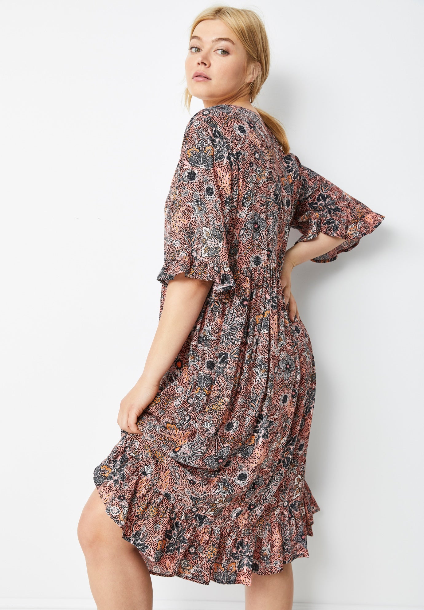 Crepe Henley Ruffled Empire Midi Dress image number 3