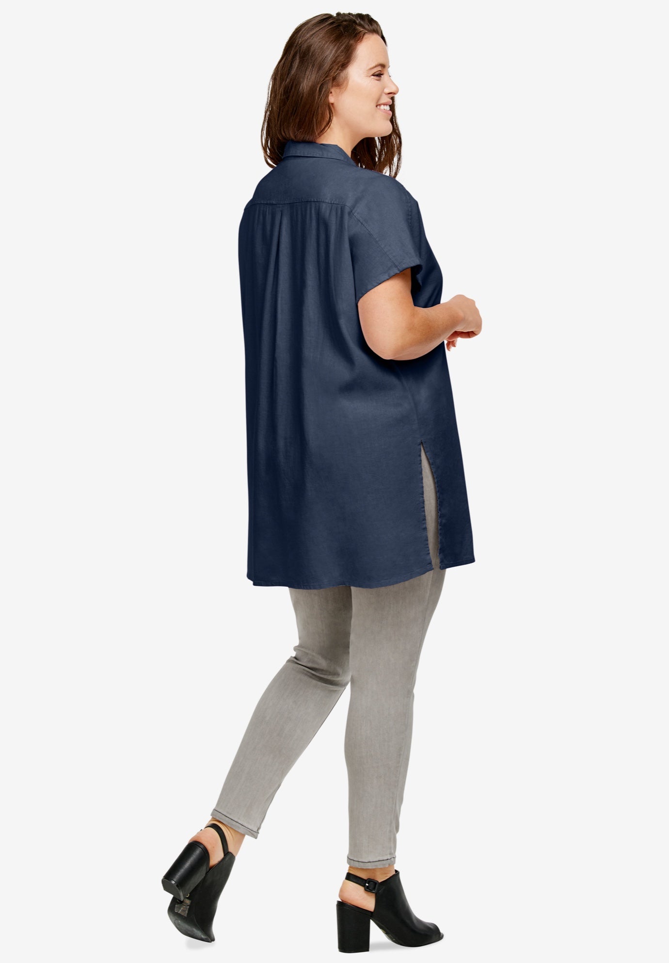 Linen-Blend Button-Front Short Sleeve Collared Tunic image number 1