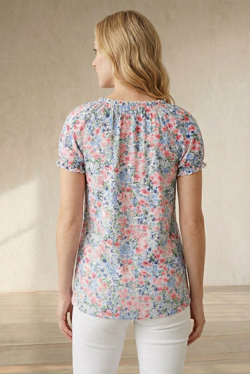 A-Line Scoop Neck Ruffle Trim 100% Cotton Cambric Peasant Blouse image number 2