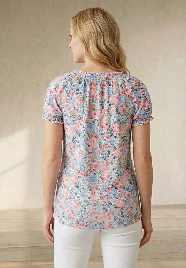 A-Line Scoop Neck Ruffle Trim 100% Cotton Cambric Peasant Blouse image number 2