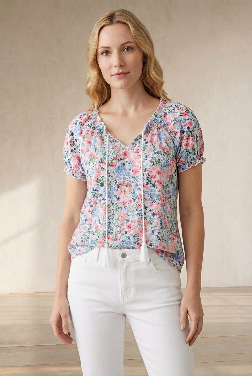 A-Line Scoop Neck Ruffle Trim 100% Cotton Cambric Peasant Blouse image number 1