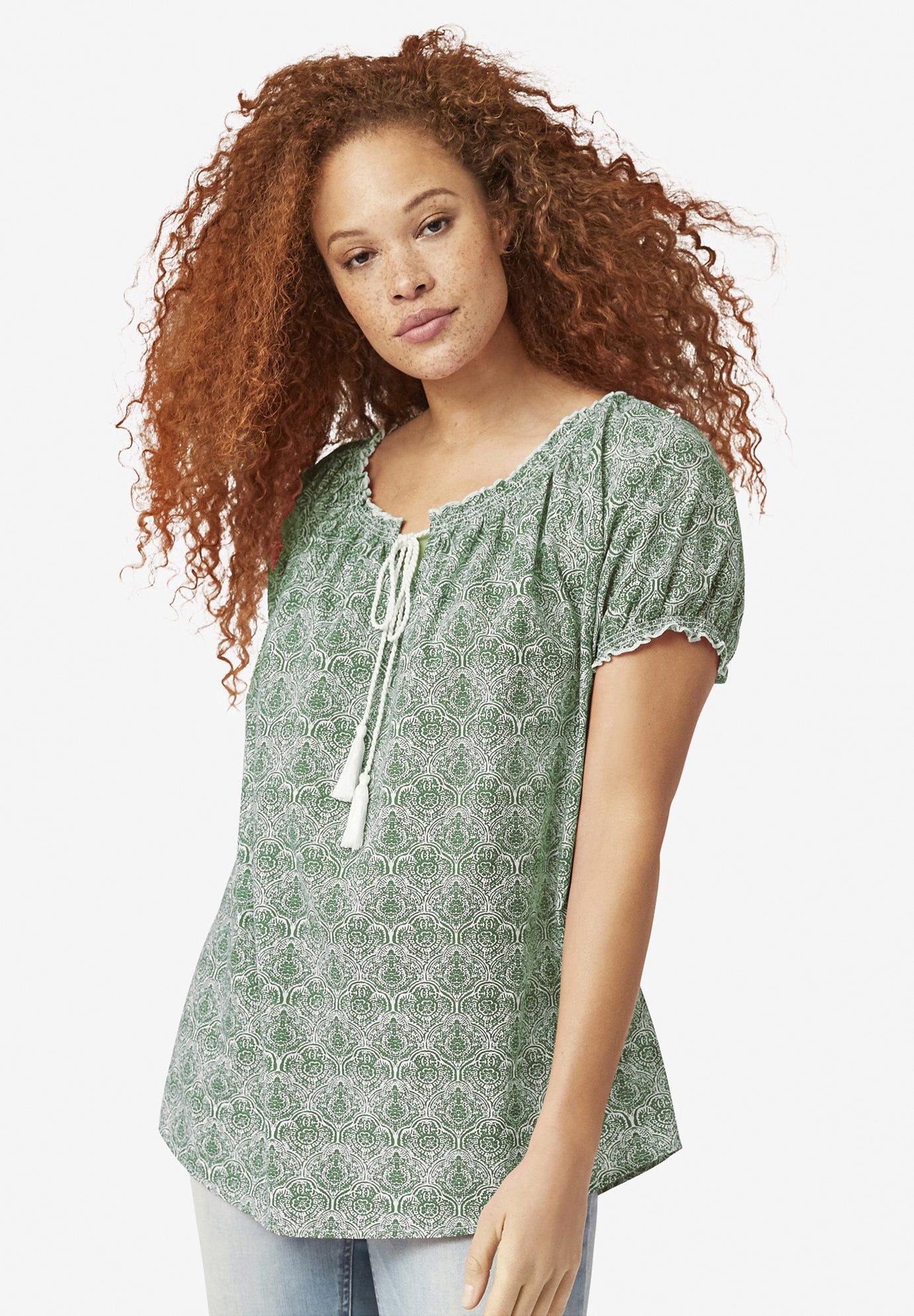 A-Line Scoop Neck Ruffle Trim 100% Cotton Cambric Peasant Blouse image number 0
