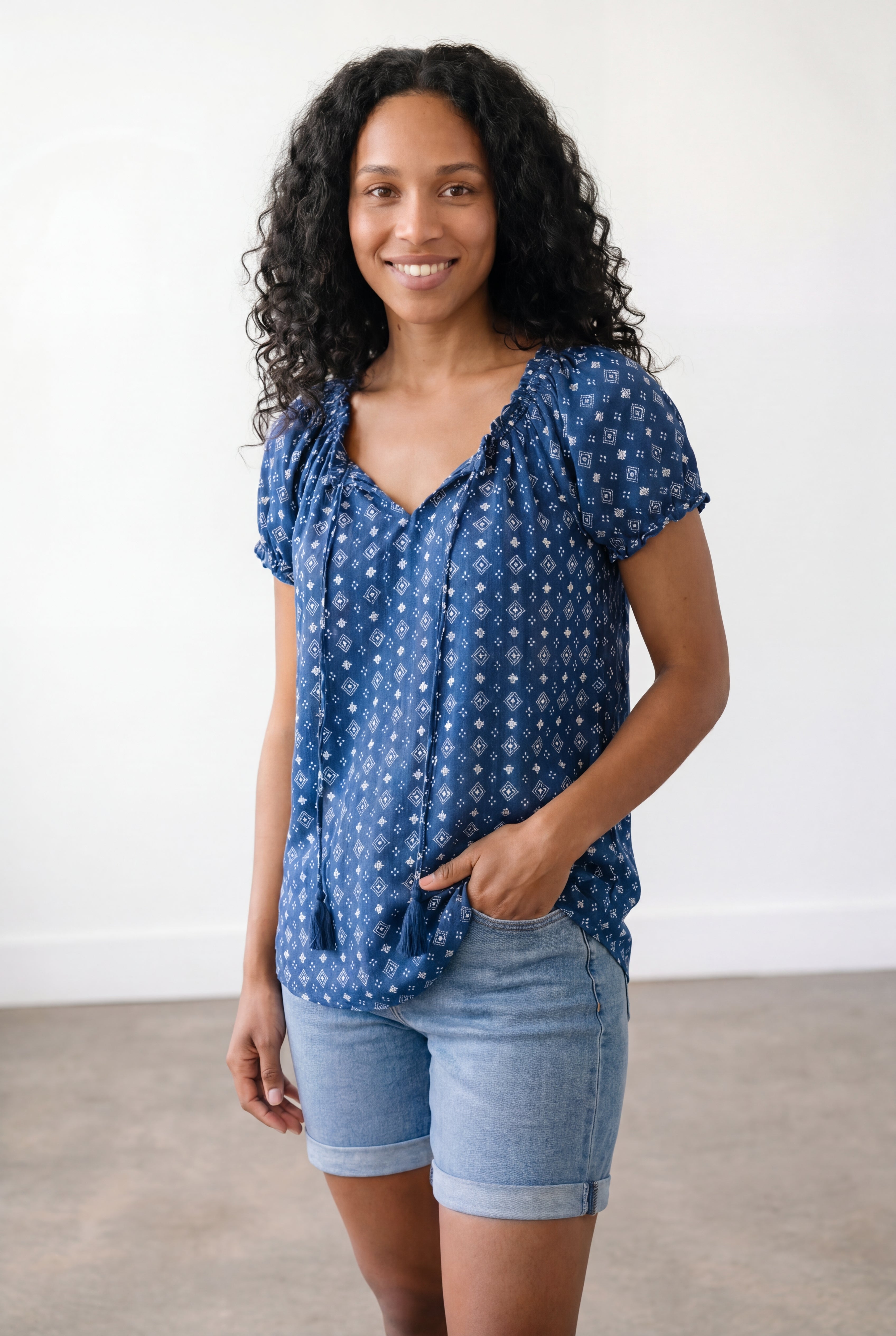A-Line Scoop Neck Ruffle Trim 100% Cotton Cambric Peasant Blouse image number 0