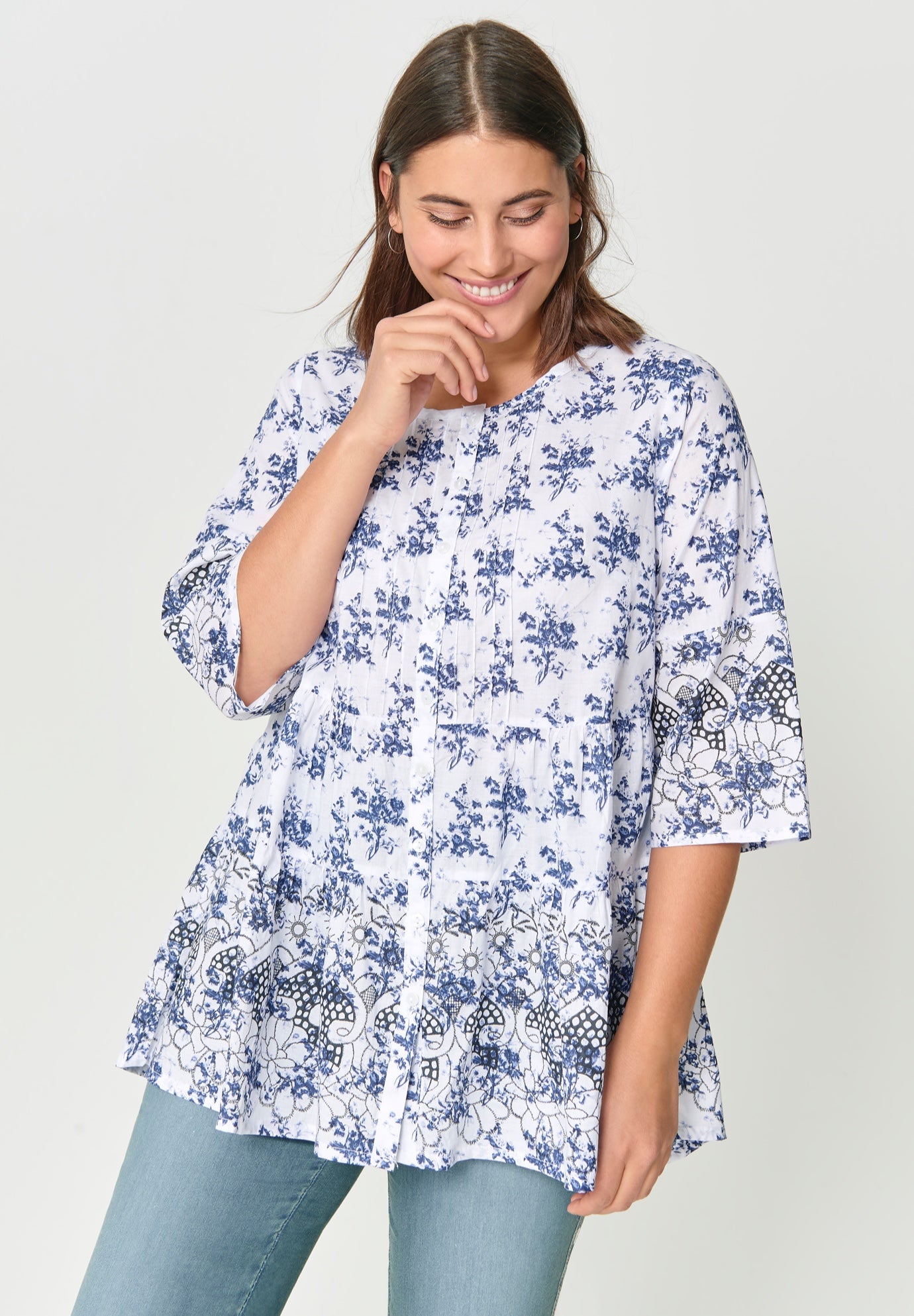 100% Cotton Cambric Three-Quarter Sleeve Tiered Flounce Scoopneck Tunic image number 0