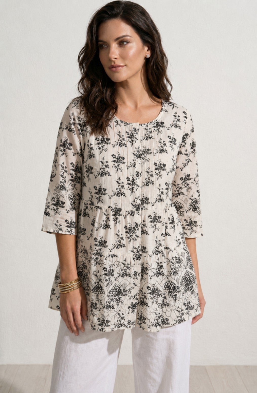 100% Cotton Cambric Three-Quarter Sleeve Tiered Flounce Scoopneck Tunic image number 0