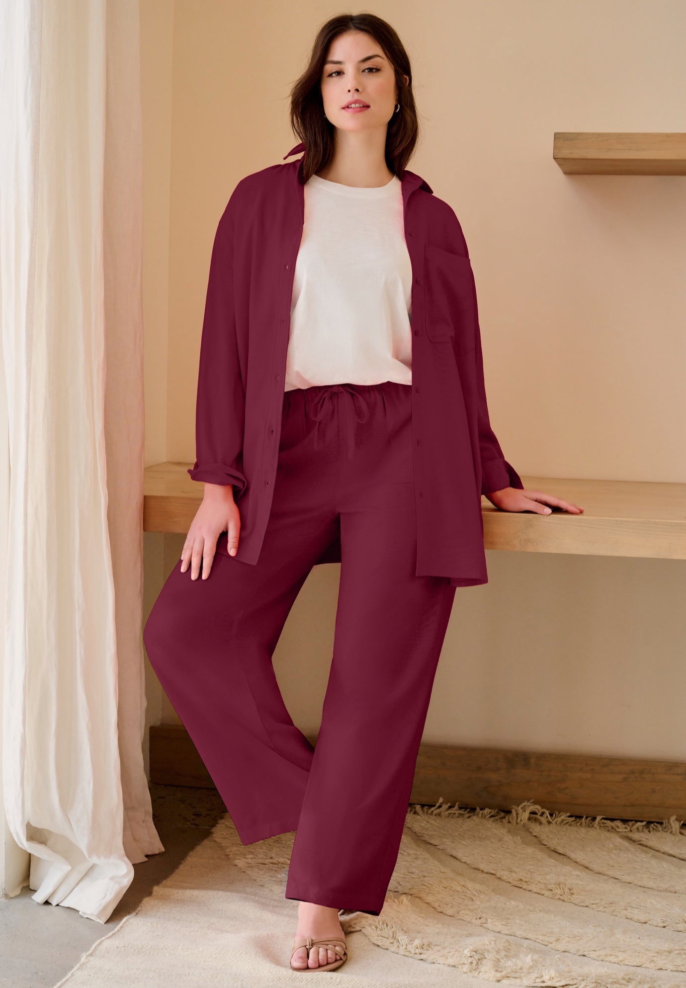 Linen-Blend Elastic Waist Drawstring Relaxed Pant image number 0