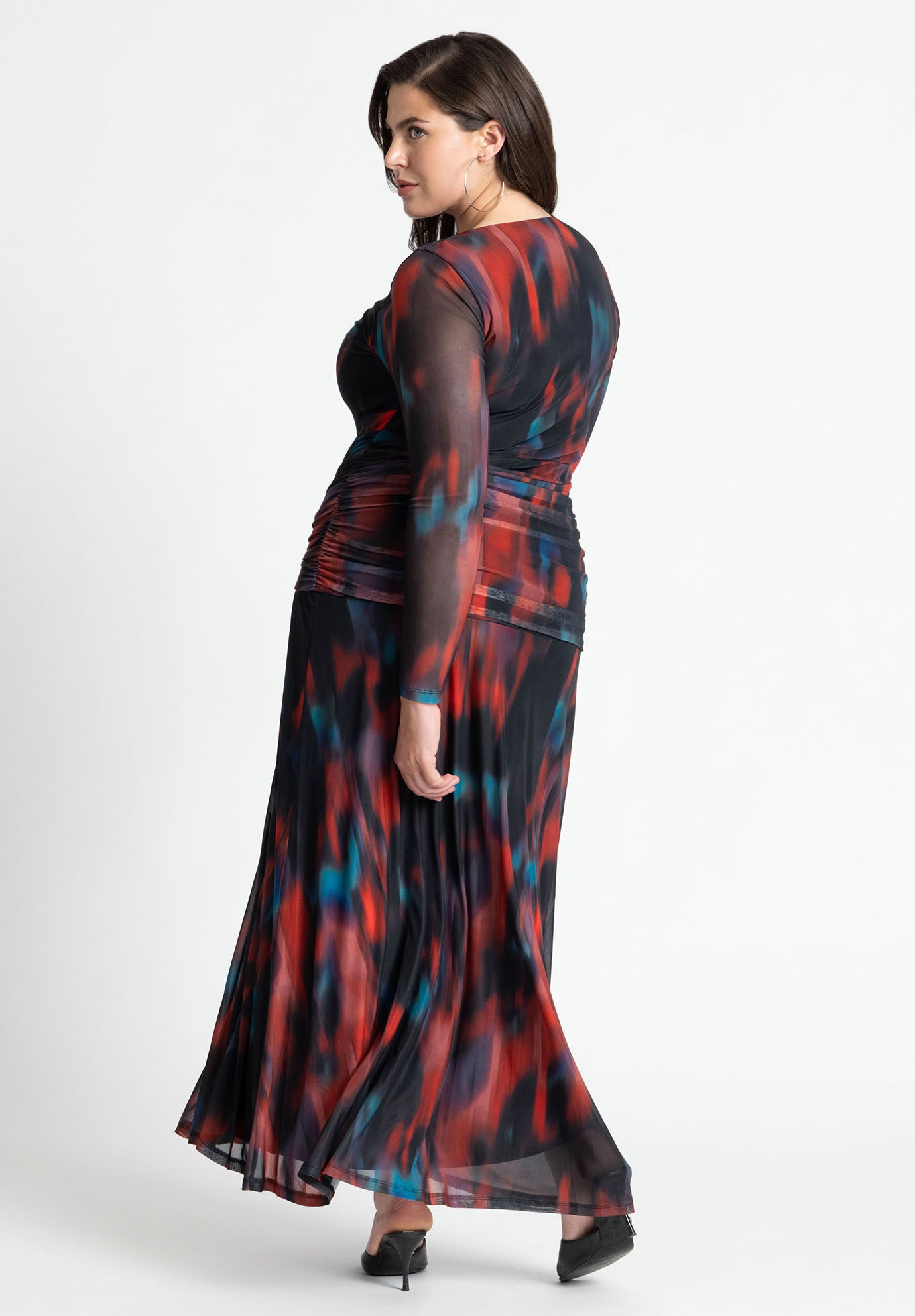 Printed Long Sleeve Mesh Dress With Slit image number 1