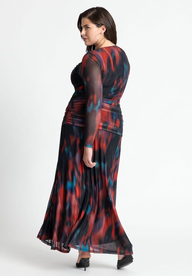 Printed Long Sleeve Mesh Dress With Slit image number 1