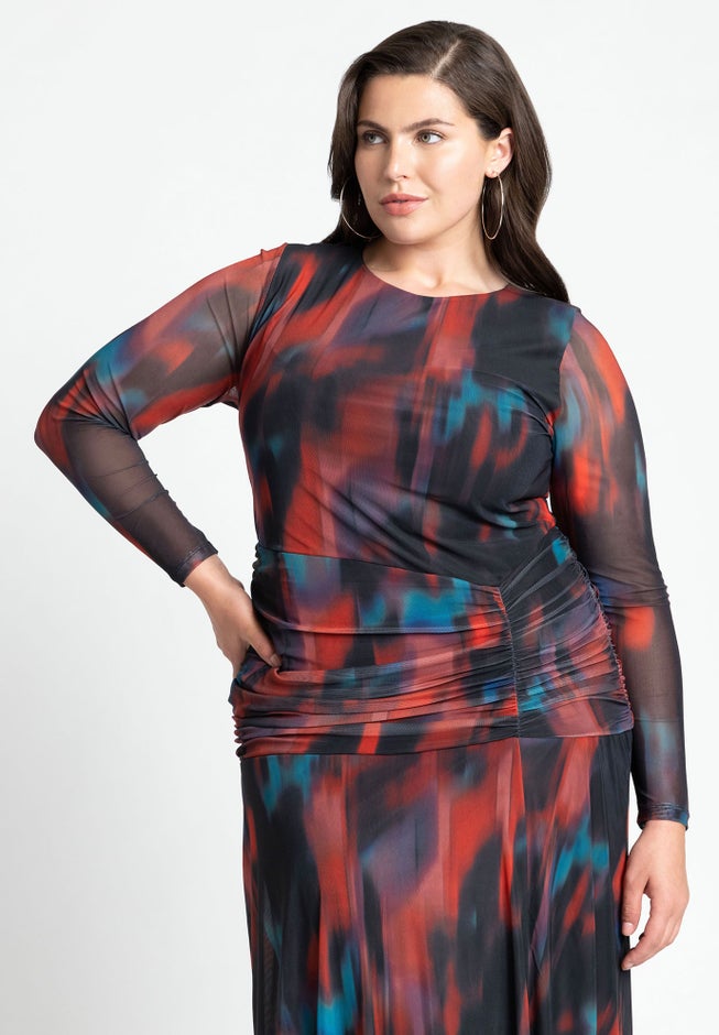 Printed Long Sleeve Mesh Dress With Slit image number 2