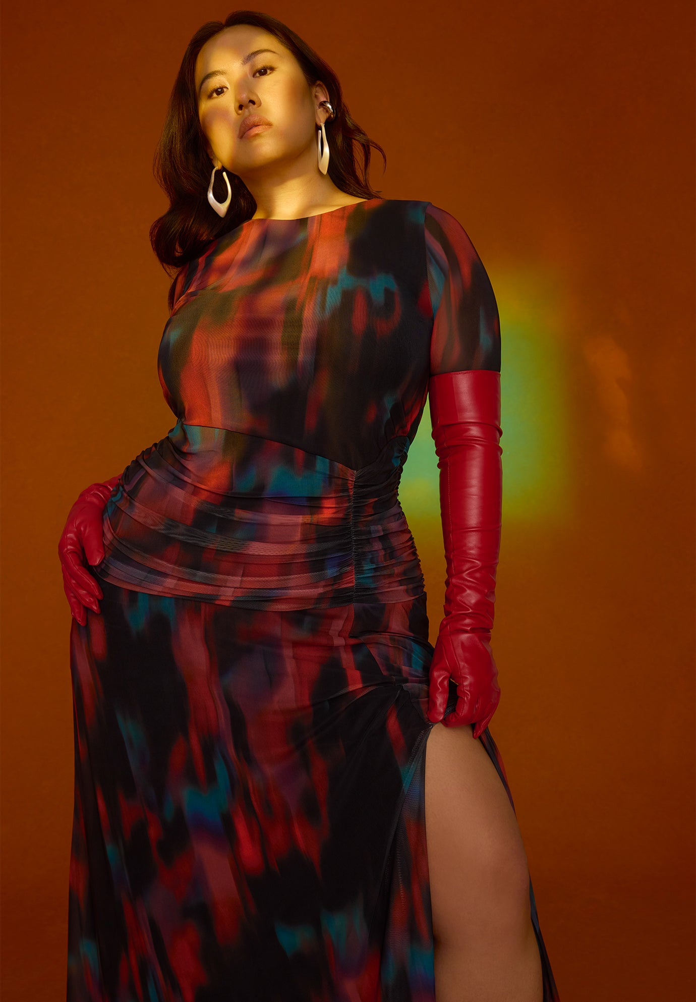 Printed Long Sleeve Mesh Dress With Slit image number 3