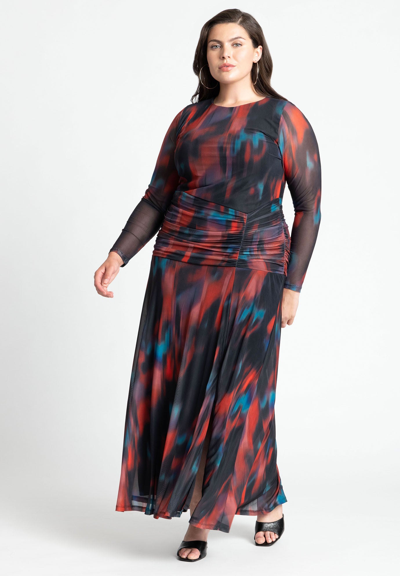 Printed Long Sleeve Mesh Dress With Slit image number 0