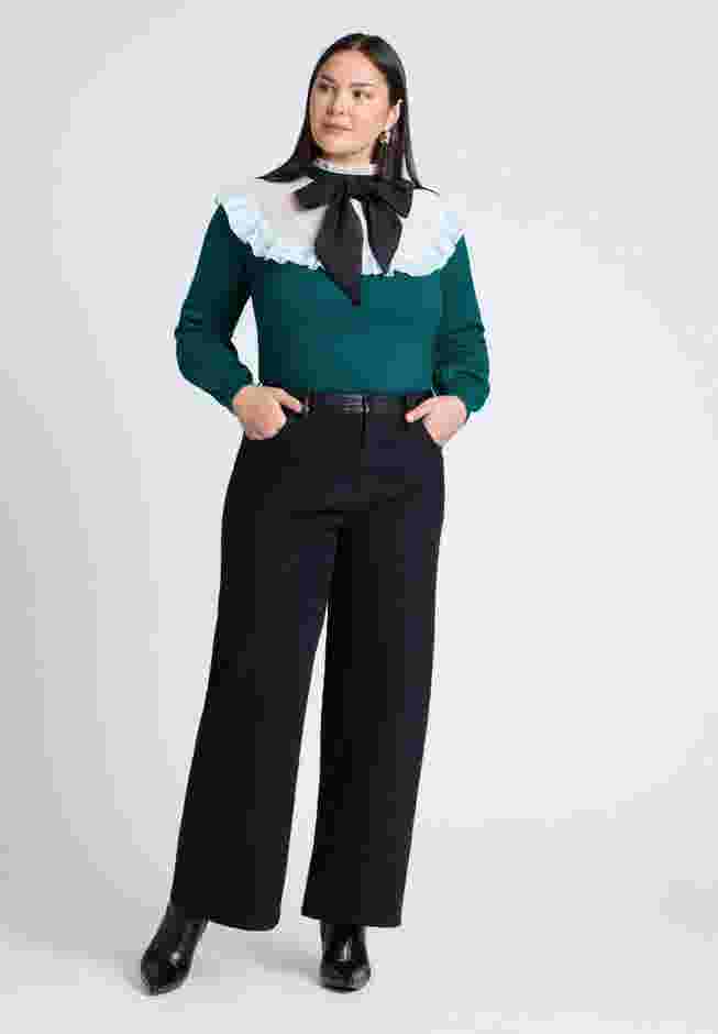 Sheer Yoke Sweater With Tie Neck image number 2