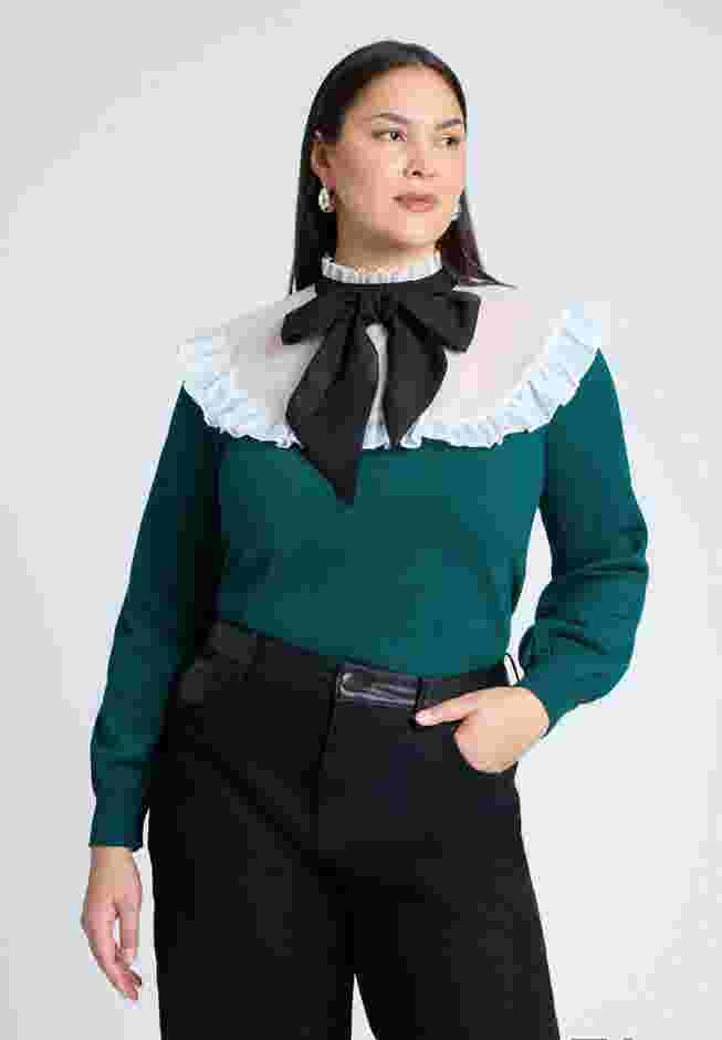 Sheer Yoke Sweater With Tie Neck image number 0