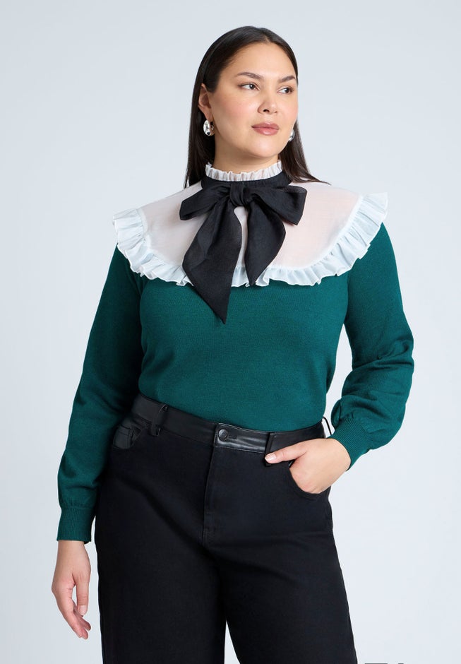Sheer Yoke Sweater With Tie Neck image number null