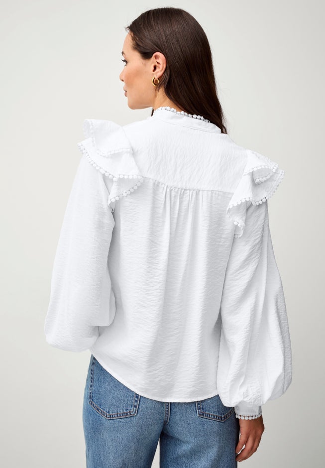 Ruffle Shoulder Blouse with Flat Pom Pom Trim image number 1