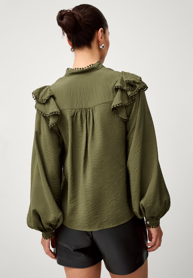 Ruffle Shoulder Blouse with Flat Pom Pom Trim image number 1