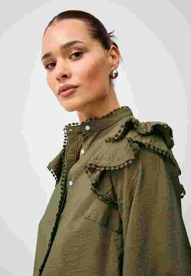 Ruffle Shoulder Blouse with Flat Pom Pom Trim image number 2