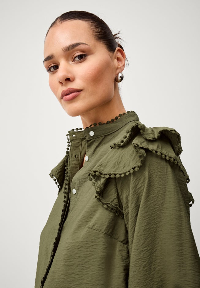 Ruffle Shoulder Blouse with Flat Pom Pom Trim image number 2