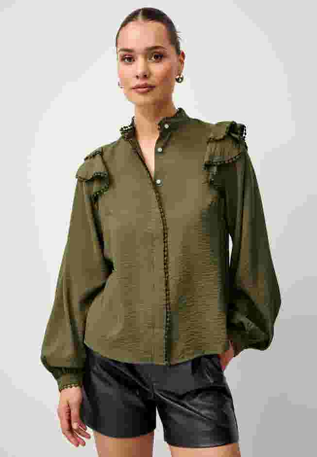 Ruffle Shoulder Blouse with Flat Pom Pom Trim image number 0