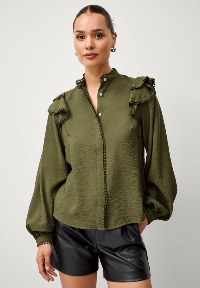 Ruffle Shoulder Blouse with Flat Pom Pom Trim image number 0