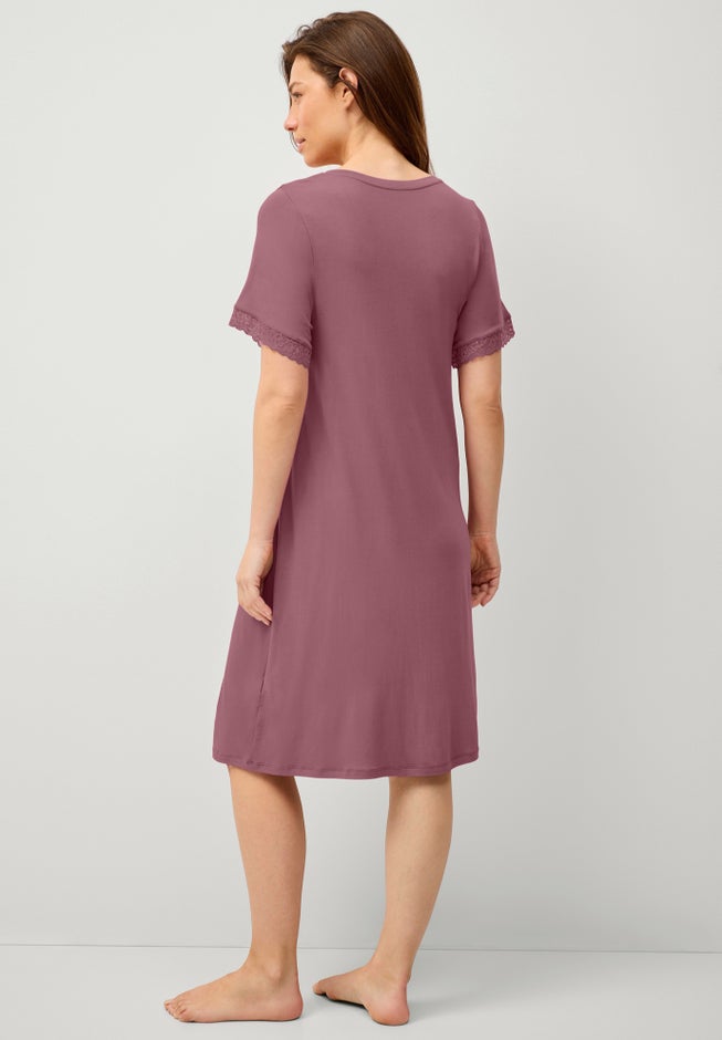 Stretch Knit V-neck Short Sleeve Lace Trim Sleep Shirt image number 1