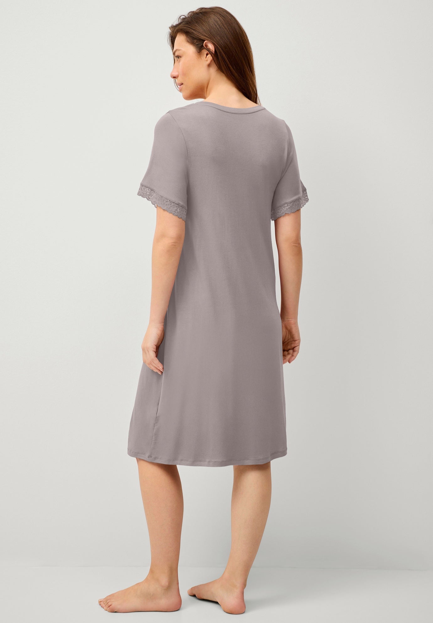 Stretch Knit V-neck Short Sleeve Lace Trim Sleep Shirt image number 1