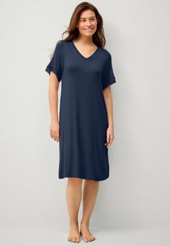Stretch Knit V-neck Short Sleeve Lace Trim Sleep Shirt