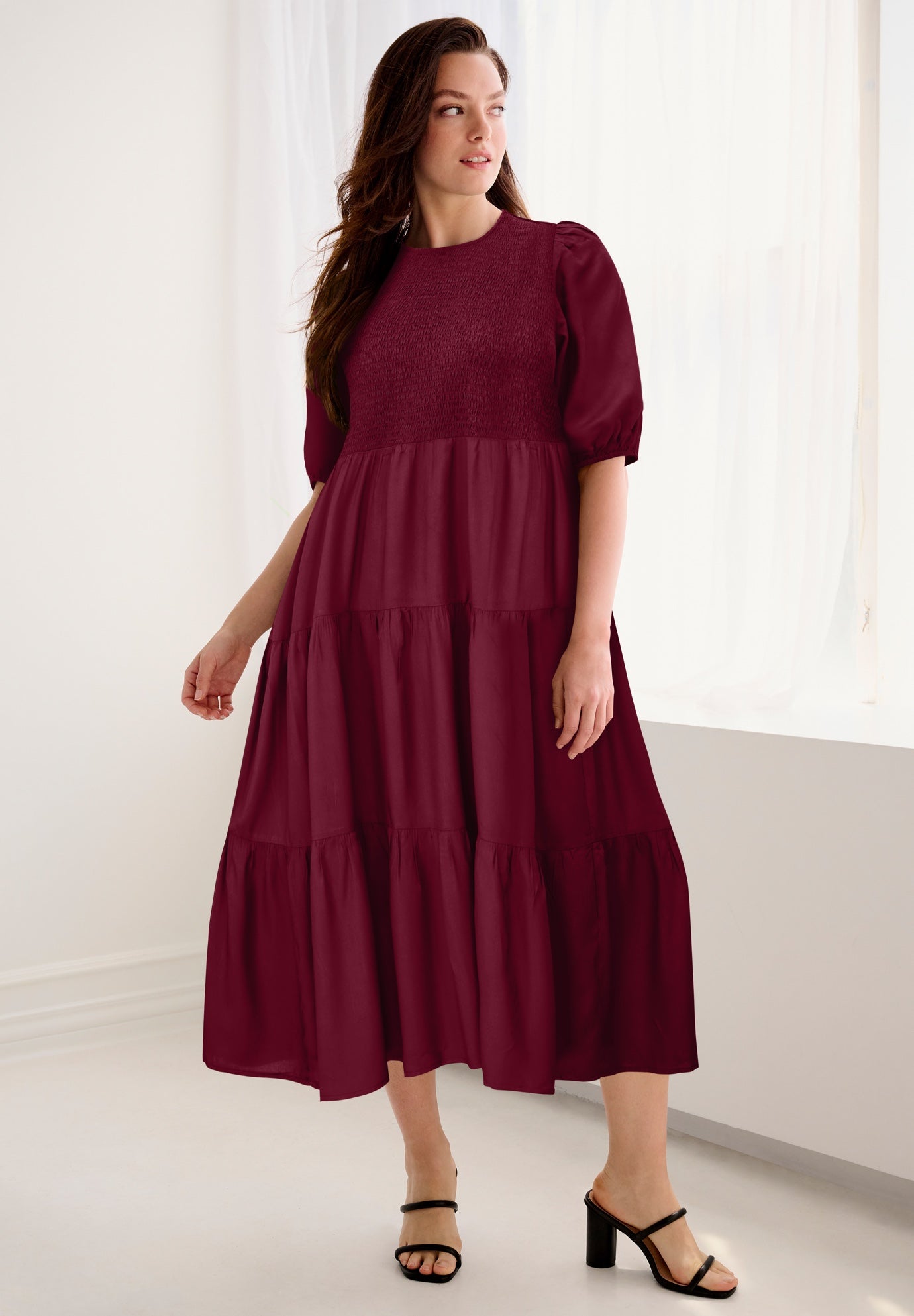 Short Sleeve Smocked Bodice Midi Dress image number 0