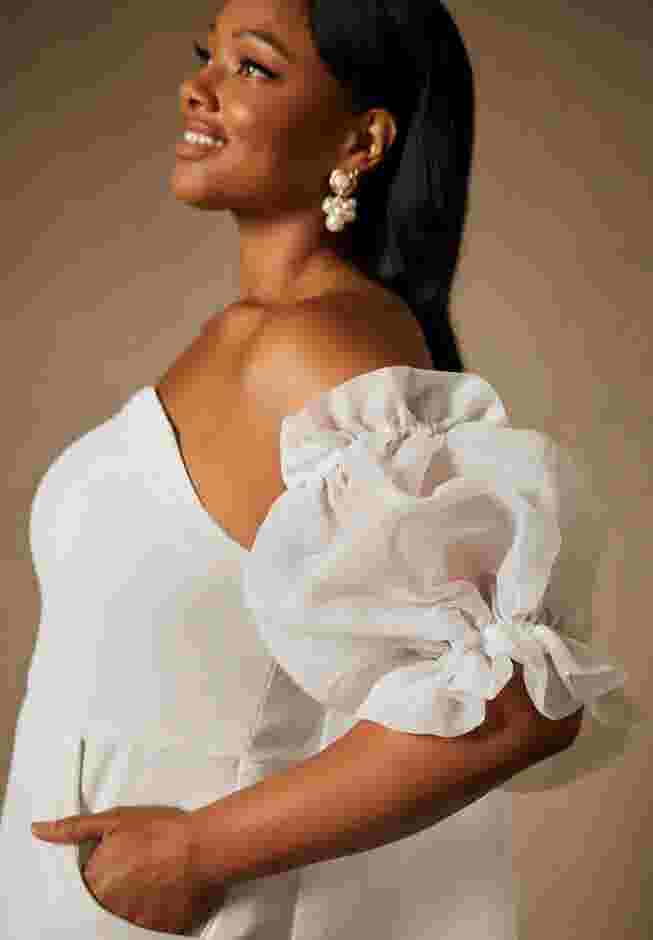 Bridal by ELOQUII Mini Dress With Puff Sleeve Cape image number 1