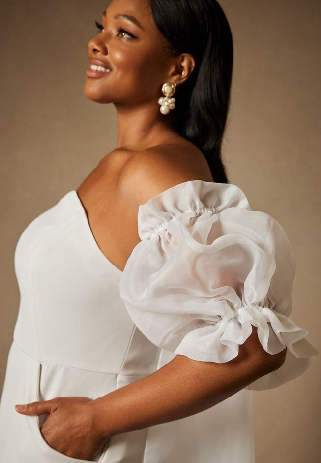 Bridal by ELOQUII Mini Dress With Puff Sleeve Cape image number null