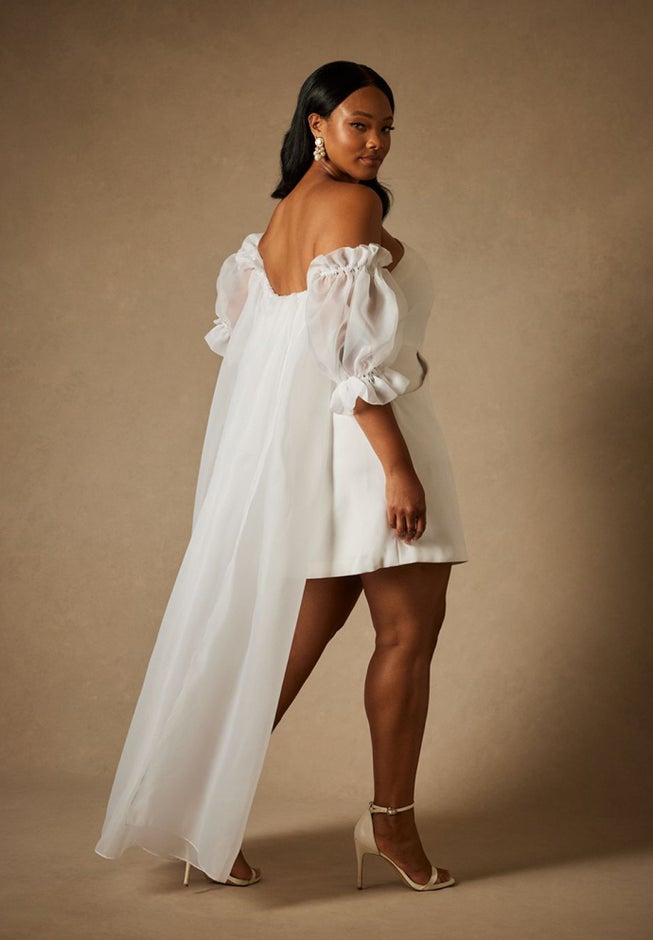 Bridal by ELOQUII Mini Dress With Puff Sleeve Cape image number null