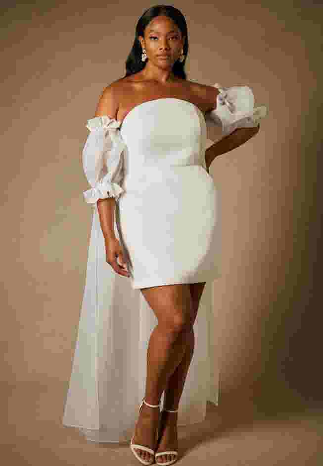 Bridal by ELOQUII Mini Dress With Puff Sleeve Cape image number 0