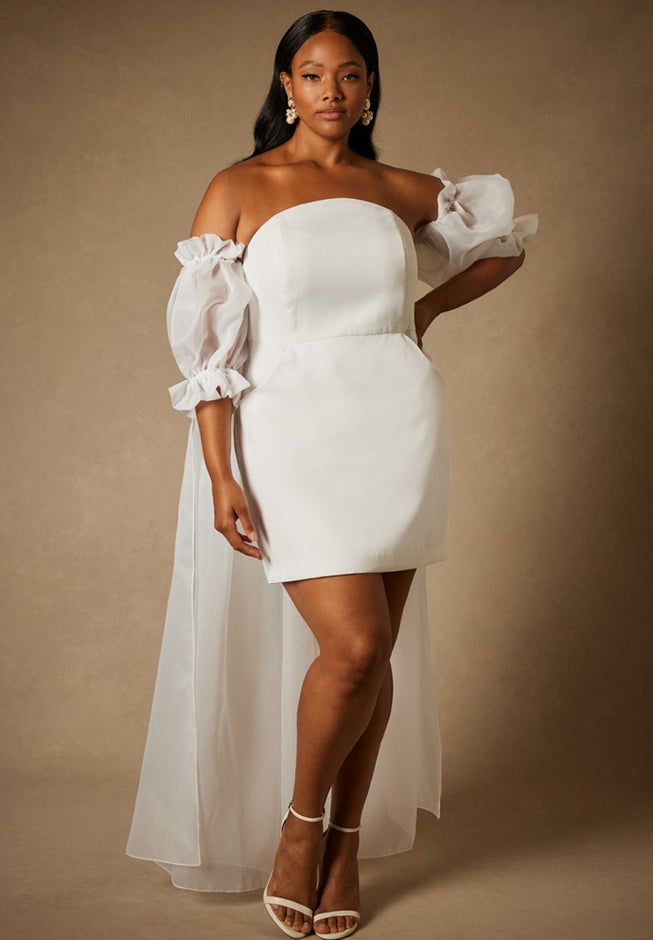 Bridal by ELOQUII Mini Dress With Puff Sleeve Cape image number null