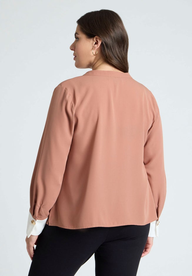 Neck Pleat Blouse With Contrast Cuff image number 1