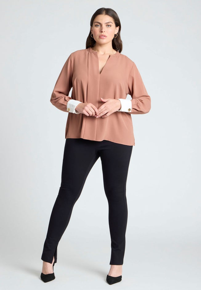 Neck Pleat Blouse With Contrast Cuff image number null