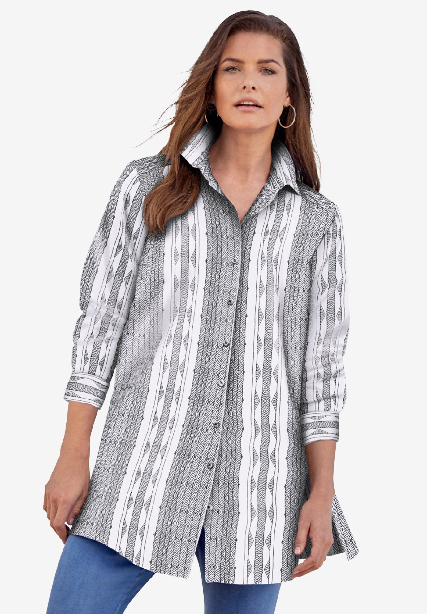 Kate Long-Sleeve Crisp Cotton-Blend Button-Front Tunic image number 3