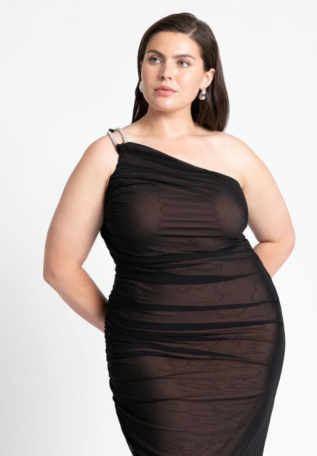 One Shoulder Mesh Overlay Dress image number null